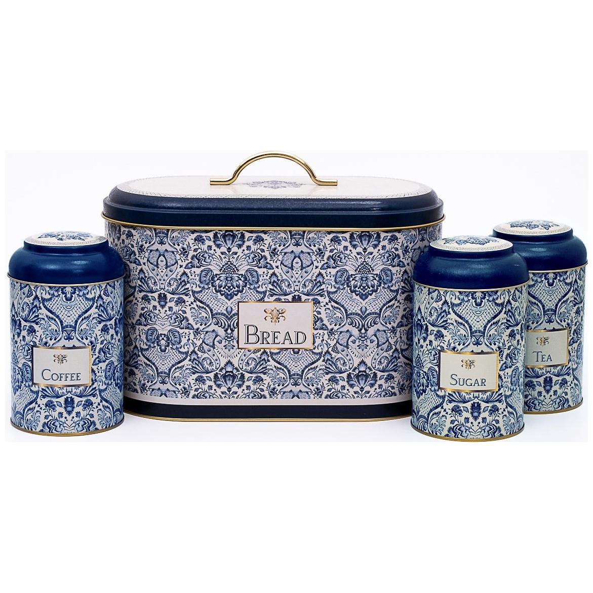 4 Pcs Round Tin Box Kitchen Set Dome Lid Azulejo-Inspired Blue &amp; White Decorative Pattern Azulejos Design