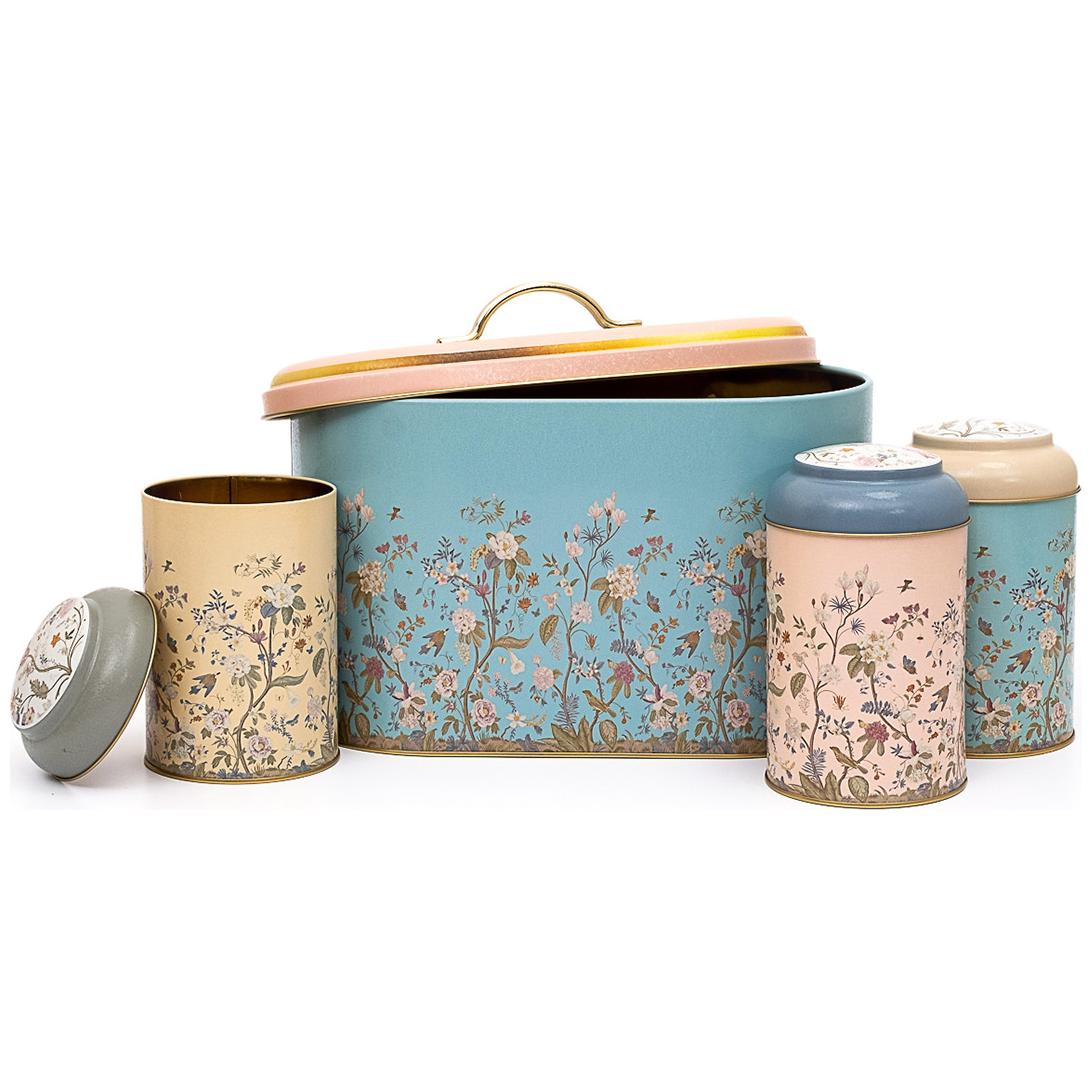4 Pcs Round Tin Box Kitchen Set Dome Lid Floral Design Pastel Blue Botanica Design