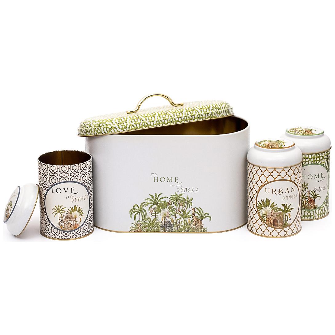 4 Pcs Round Tin Box Kitchen Set Dome Lid Tropical Jungle – A Lush Paradise of Nature &amp; Wildlife Forrest Design