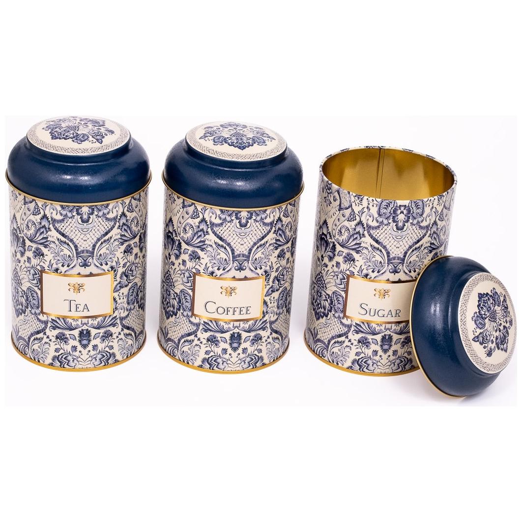Ø105 x 150 mm  Round Metal Tin – 1.2L with Dome Lid Azulejo-Inspired Blue &amp; White Decorative Pattern Azulejos Design