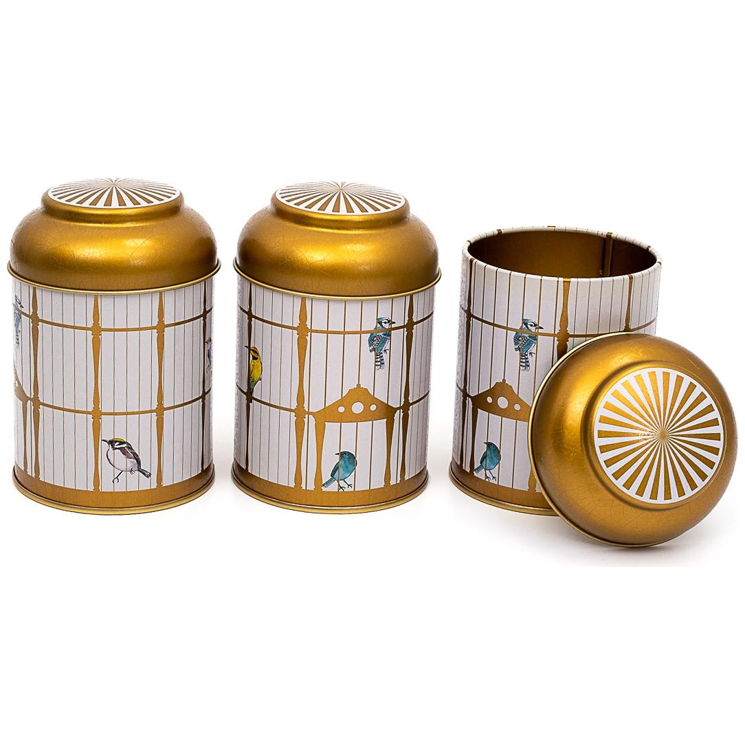  Ø90x100 mm Metal Canister Set  (Set of 3) with Dome Lids Vintage Birdcage Illustration with Colorful Birds Bird Cage Design