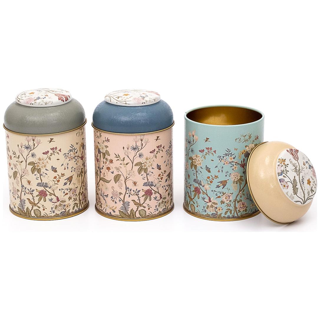 Ø90x100 mm Metal Canister Set  (Set of 3) with Dome Lids Floral Design Pastel Blue Botanica Design