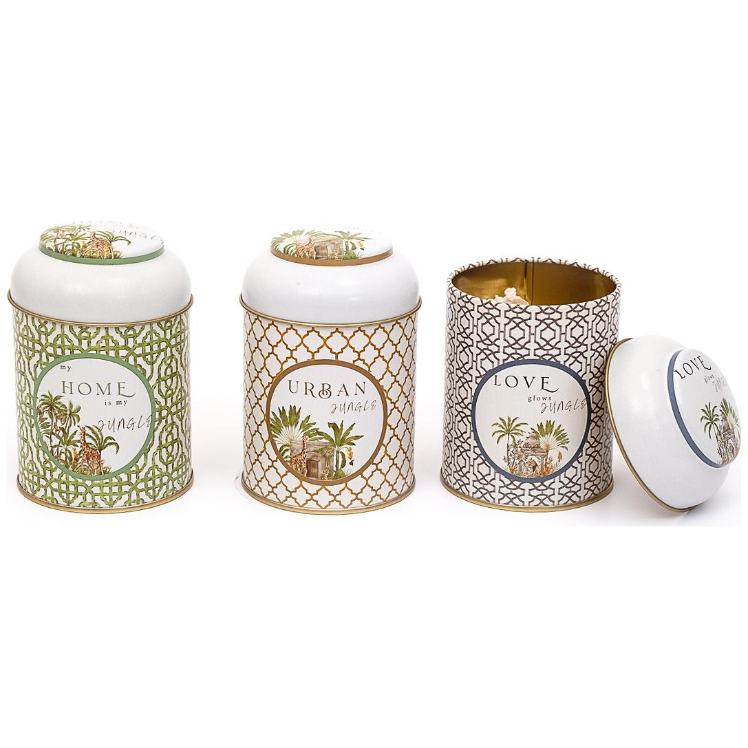  Ø90x100 mm Metal Canister Set  (Set of 3) with Dome Lids Tropical Jungle – A Lush Paradise of Nature &amp; Wildlife Forrest Design