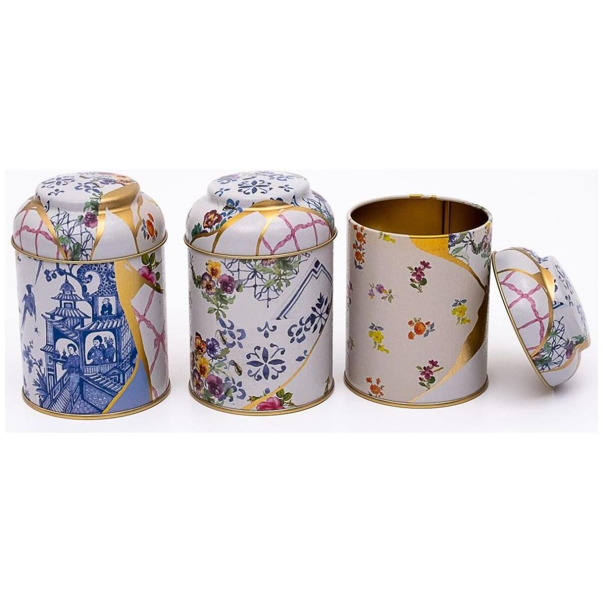  Ø90x100 mm Metal Canister Set  (Set of 3) with Dome Lids Kintsugi Gold vein Flower  Kint Sugi Design