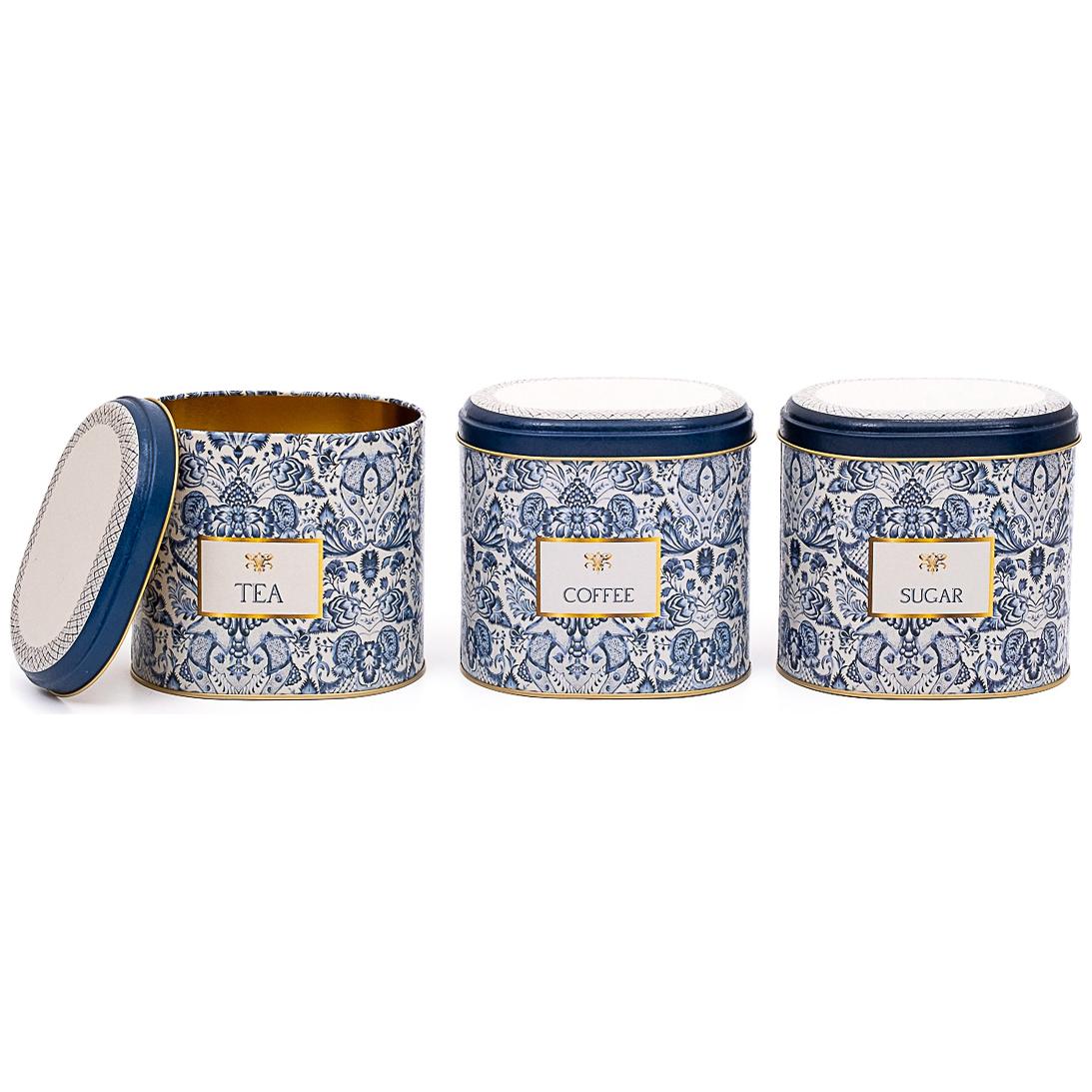 Oval Metal Storage Box Set 140 x 120 x 130 mm 1.4L (Set of 3 ) Azulejo-Inspired Blue &amp; White Decorative Pattern Azulejos Design