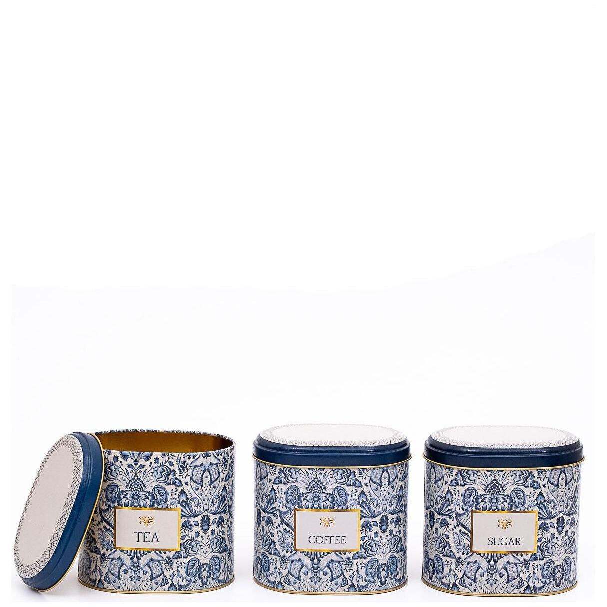 Oval Metal Storage Box Set 140 x 120 x 130 mm 1.4L (Set of 3 ) Azulejo-Inspired Blue &amp; White Decorative Pattern Azulejos Design