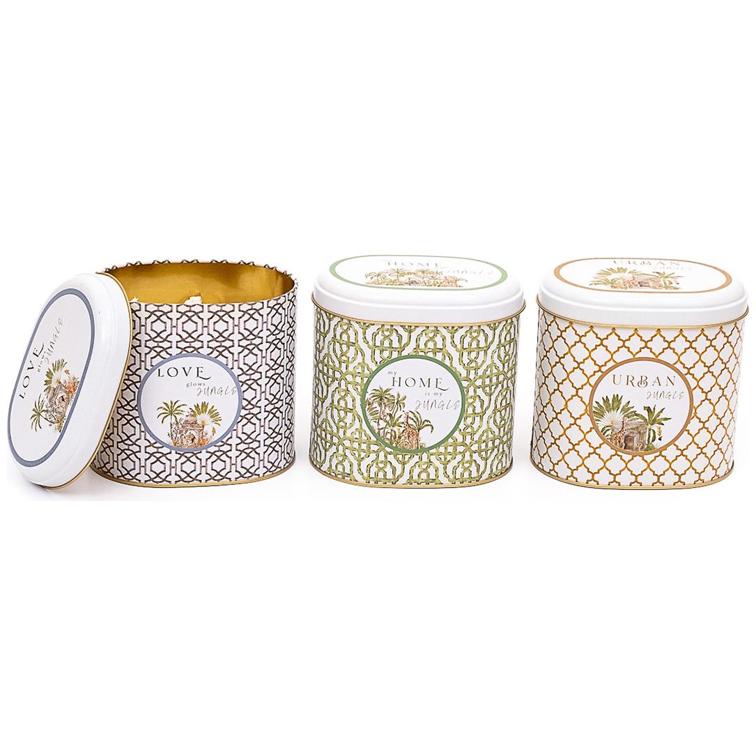 Oval Metal Storage Box Set 140 x 120 x 130 mm 1.4L (Set of 3 ) Tropical Jungle – A Lush Paradise of Nature &amp; Wildlife Forrest Design