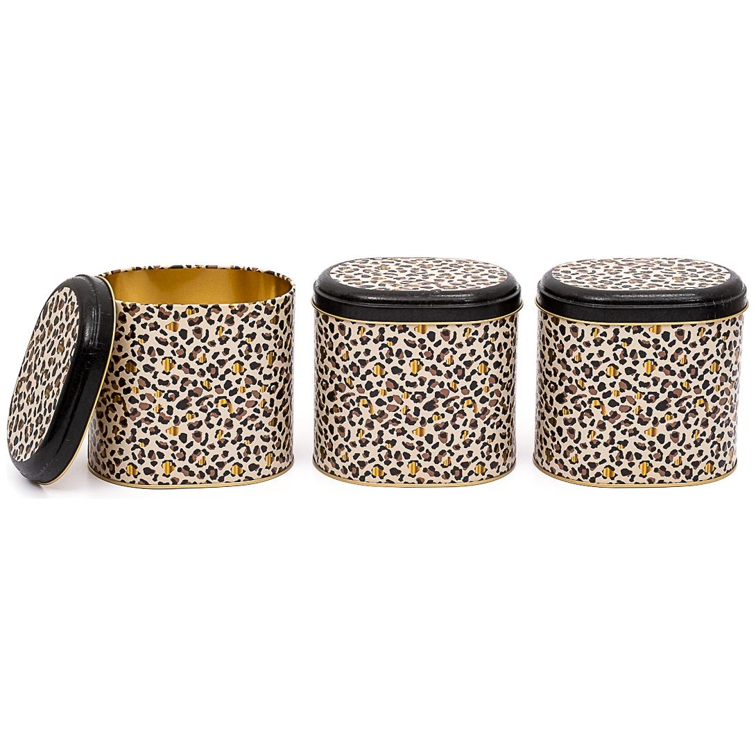 Oval Metal Storage Box Set 140 x 120 x 130 mm 1.4L (Set of 3 ) Gold Leopard Print Pattern Leo Design