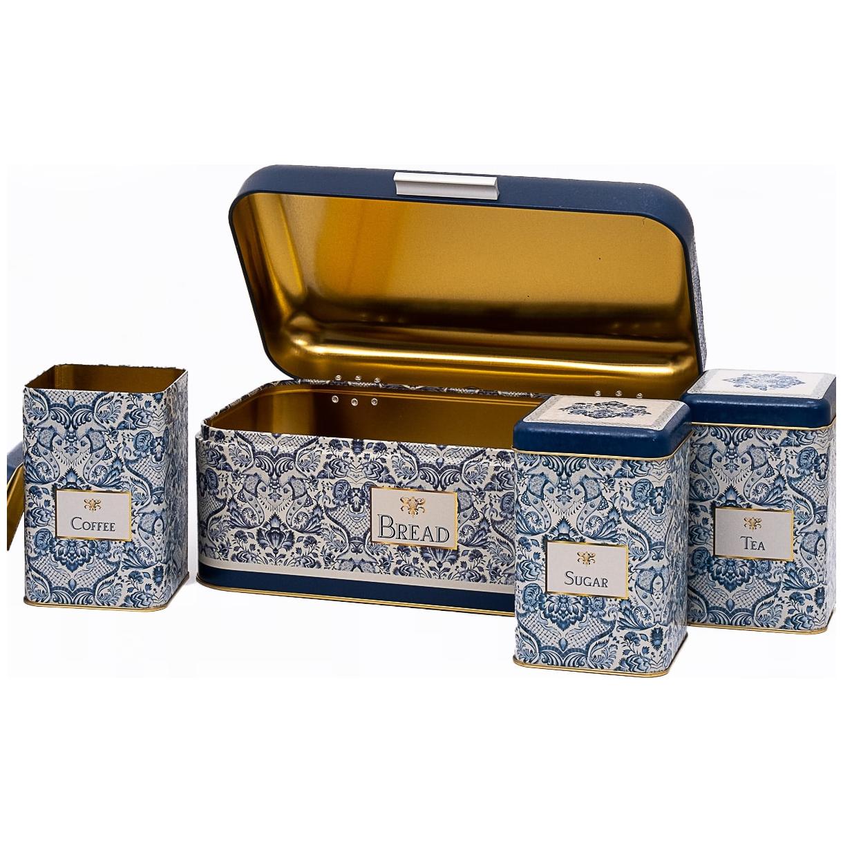  Rectangular Bread Box and Square Tin Box set ( 4 Pcs)   Hinged Lid  Azulejo-Inspired Blue &amp; White Decorative Pattern Azulejos Design