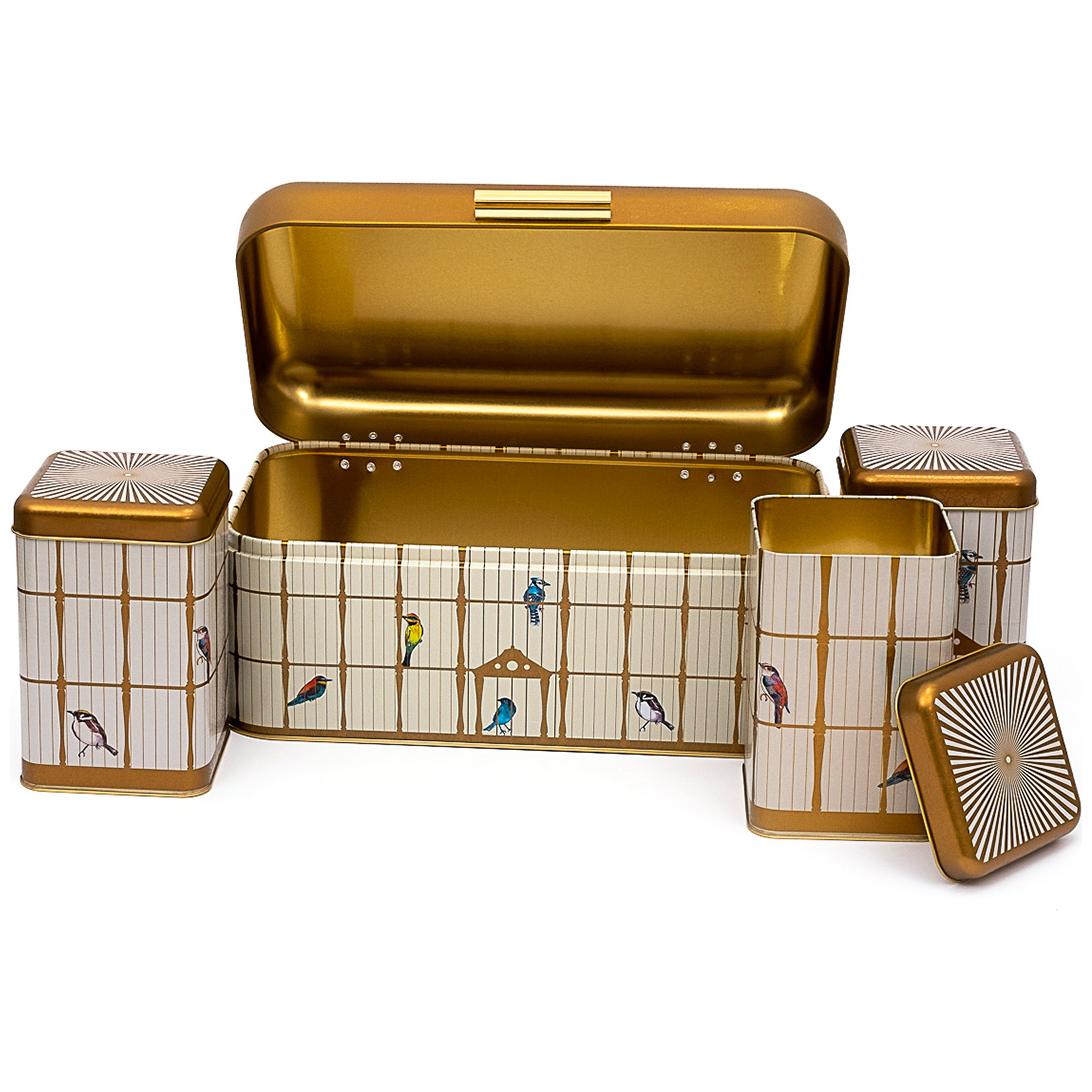  Rectangular Bread Box and Square Tin Box set ( 4 Pcs)   Hinged Lid  Vintage Birdcage Illustration with Colorful Birds Bird Cage Design