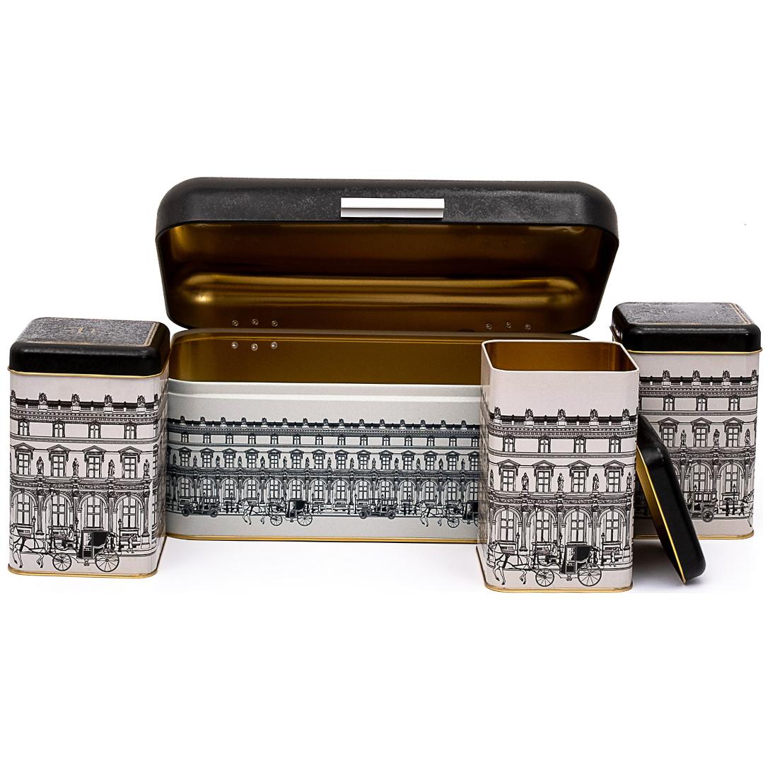  Rectangular Bread Box and Square Tin Box set ( 4 Pcs)   Hinged Lid  vintage cityscapes illustration City Design