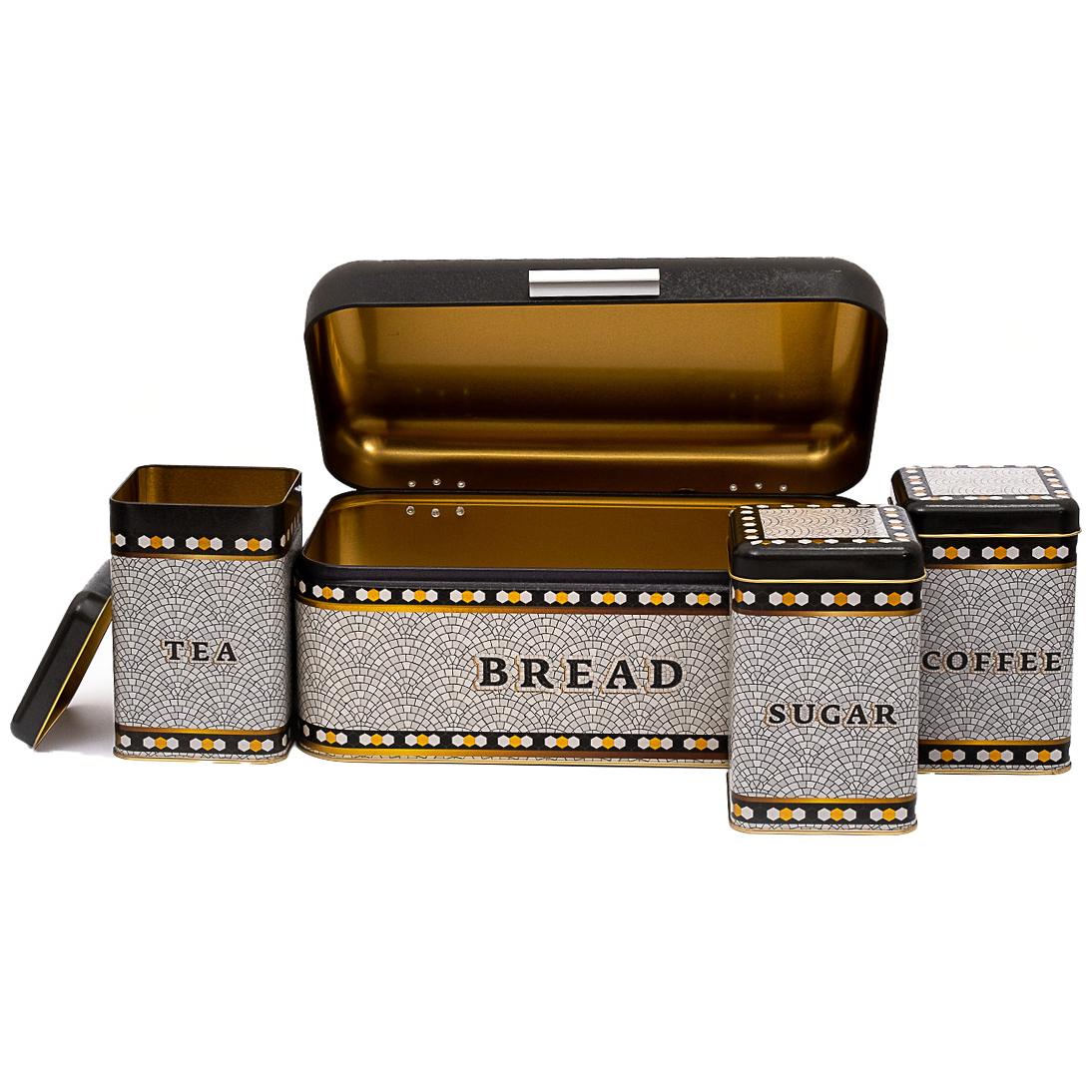  Rectangular Bread Box and Square Tin Box set ( 4 Pcs)   Hinged Lid  Geometric Mosaic Pattern Mosaic Design