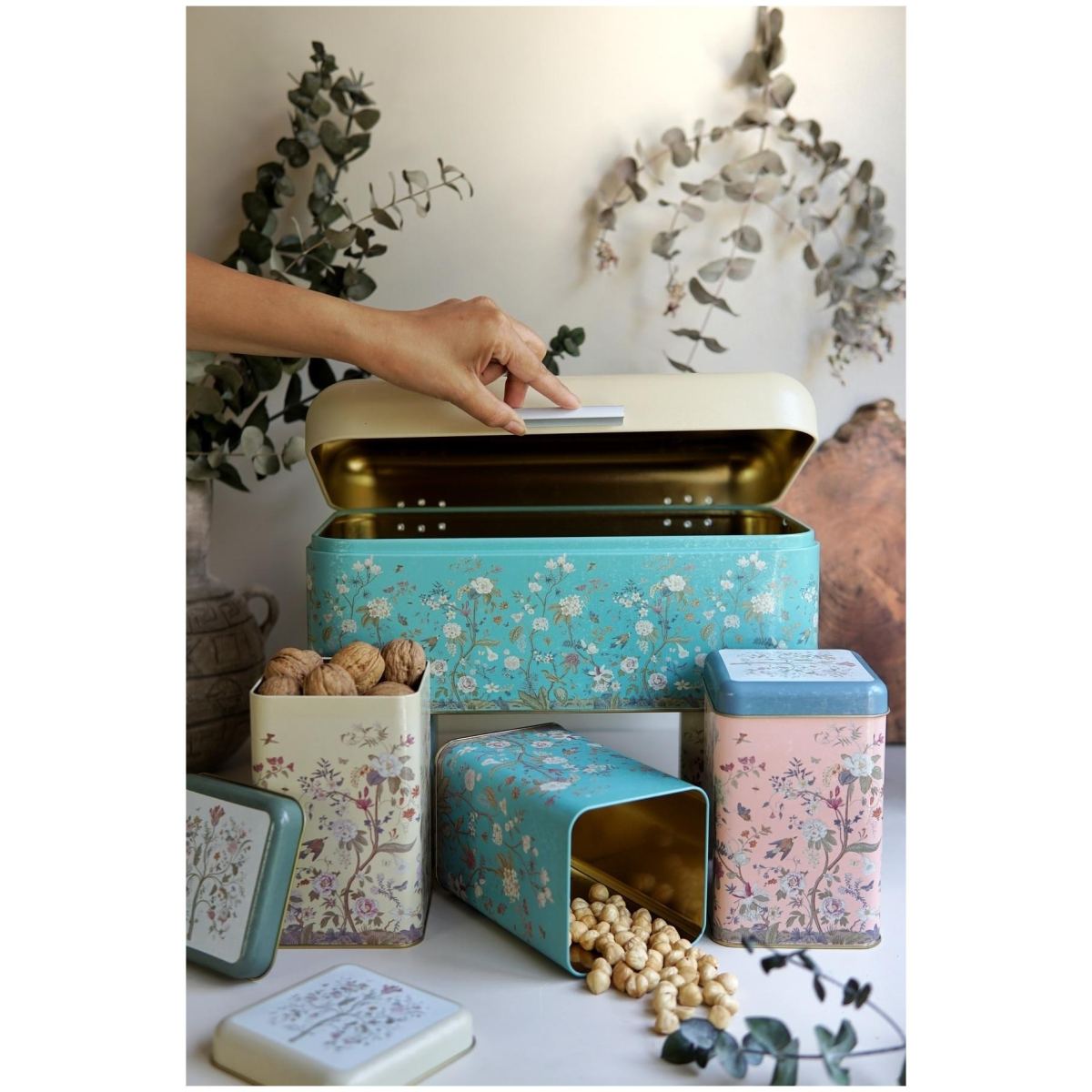  Rectangular Bread Box and Square Tin Box set ( 4 Pcs)   Hinged Lid  Floral Design Pastel Blue Botanica Design