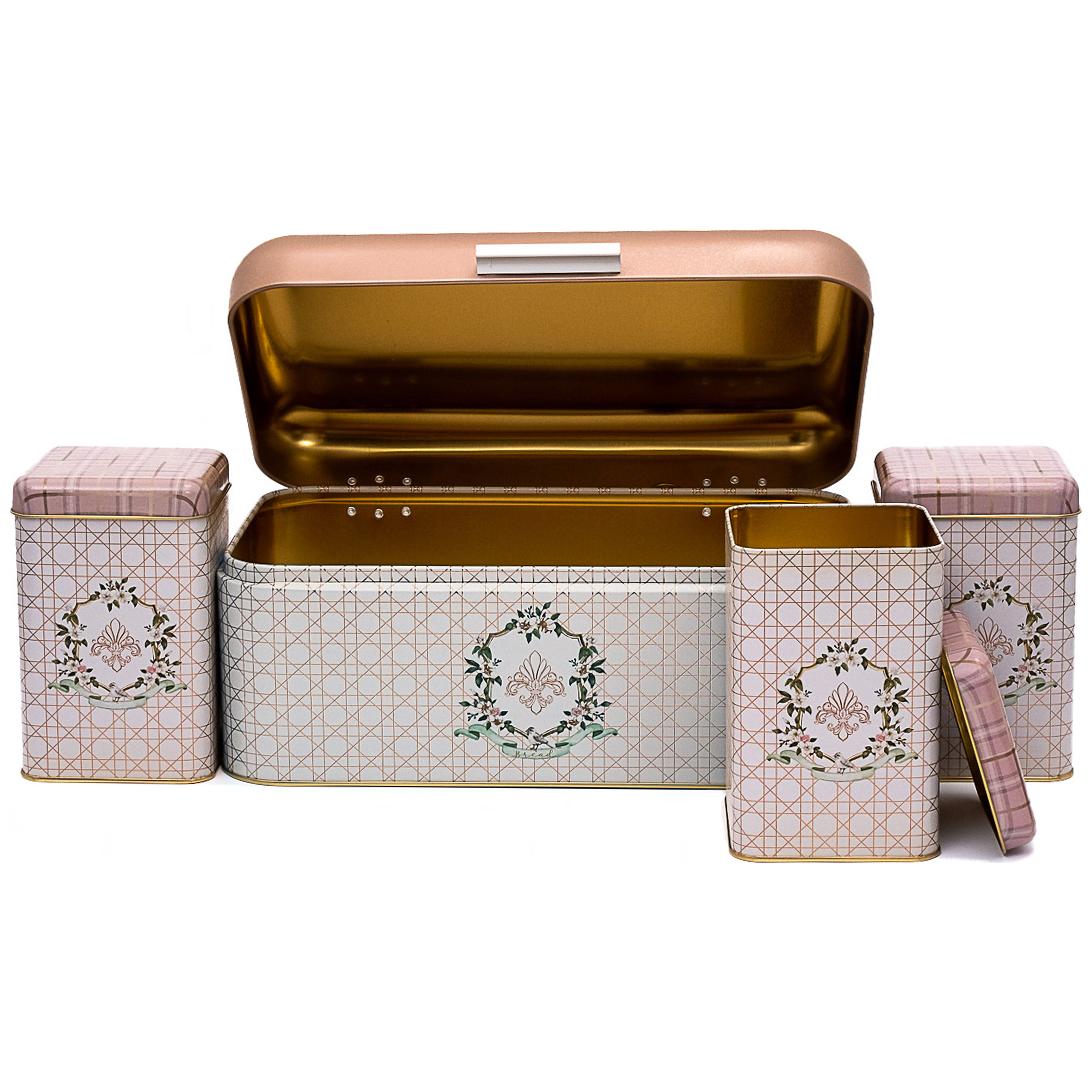  Rectangular Bread Box and Square Tin Box set ( 4 Pcs)   Hinged Lid  Rosy Rosy Design