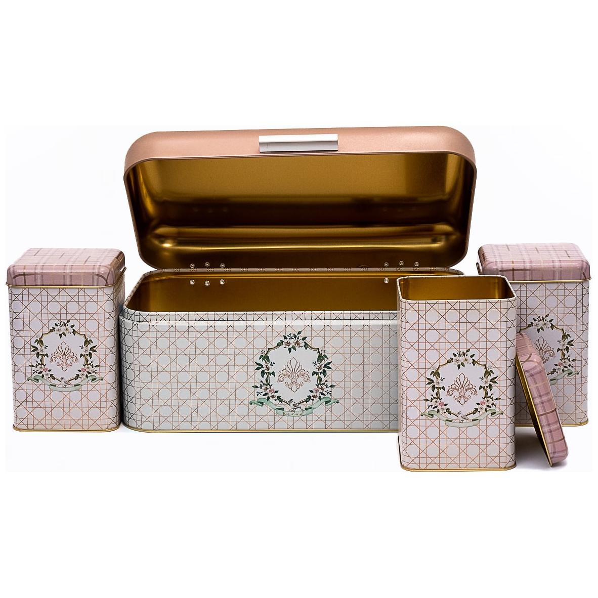  Rectangular Bread Box and Square Tin Box set ( 4 Pcs)   Hinged Lid  Rosy Rosy Design