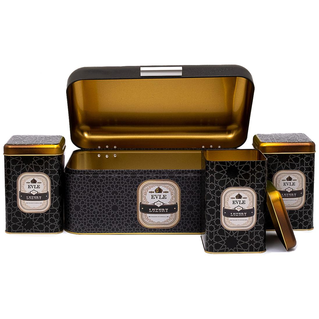 Rectangular Bread Box and Square Tin Box set ( 4 Pcs)   Hinged Lid  gold geometric pattern black background Trellis Design