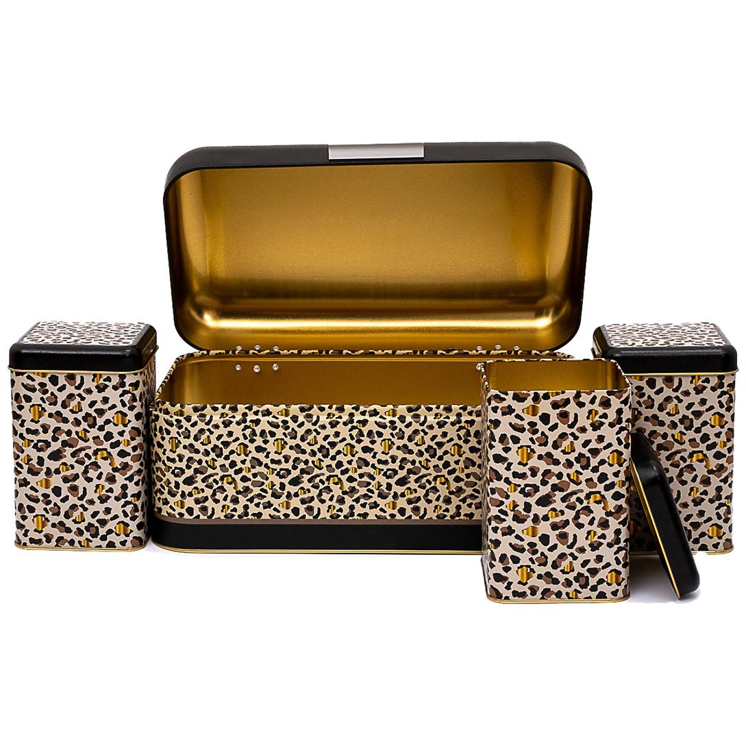  Rectangular Bread Box and Square Tin Box set ( 4 Pcs)   Hinged Lid  Gold Leopard Print Pattern Leo Design