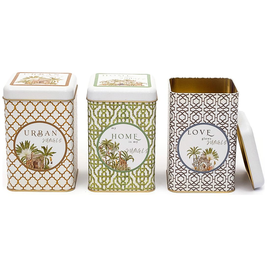 105x105x160 mm Square Tin Box Set ( Set of 3 )  Tropical Jungle – A Lush Paradise of Nature &amp; Wildlife Forrest Design