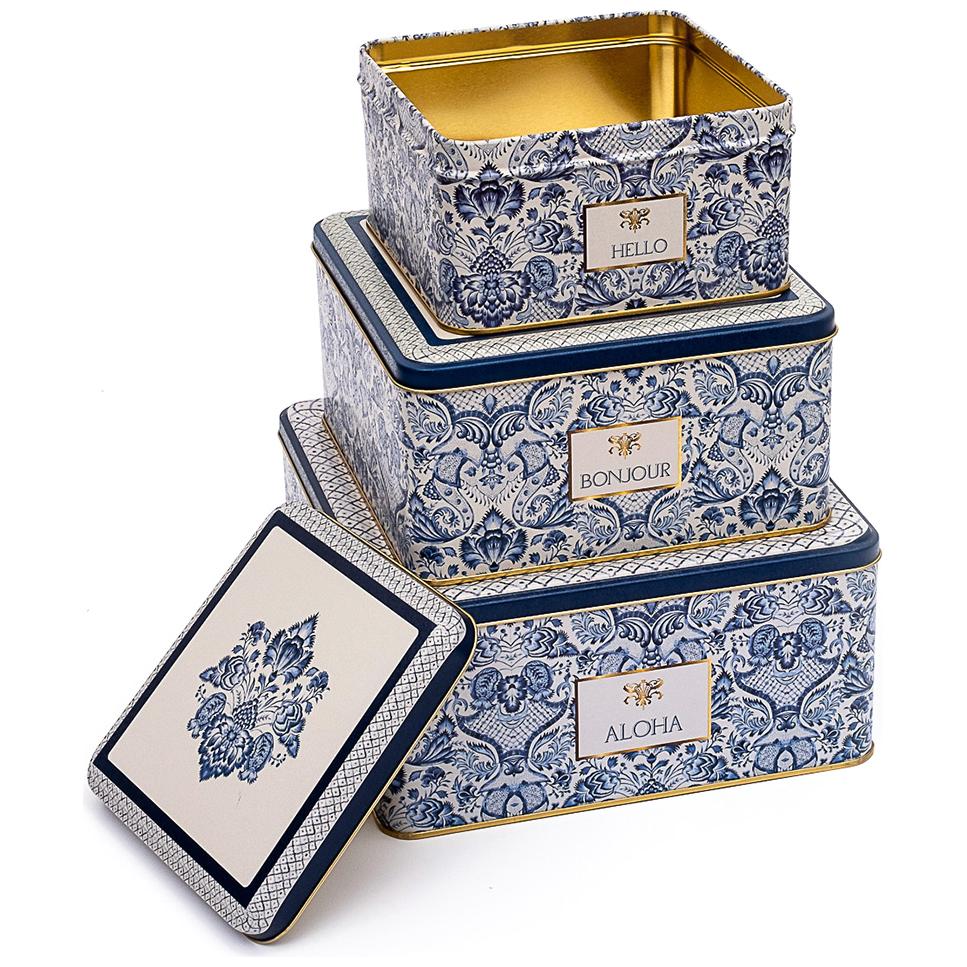 Square Metal Storage Box Set  235mm x 235mm x 110 mm  ( Set of 3 )  Azulejo-Inspired Blue &amp; White Decorative Pattern Azulejos Design