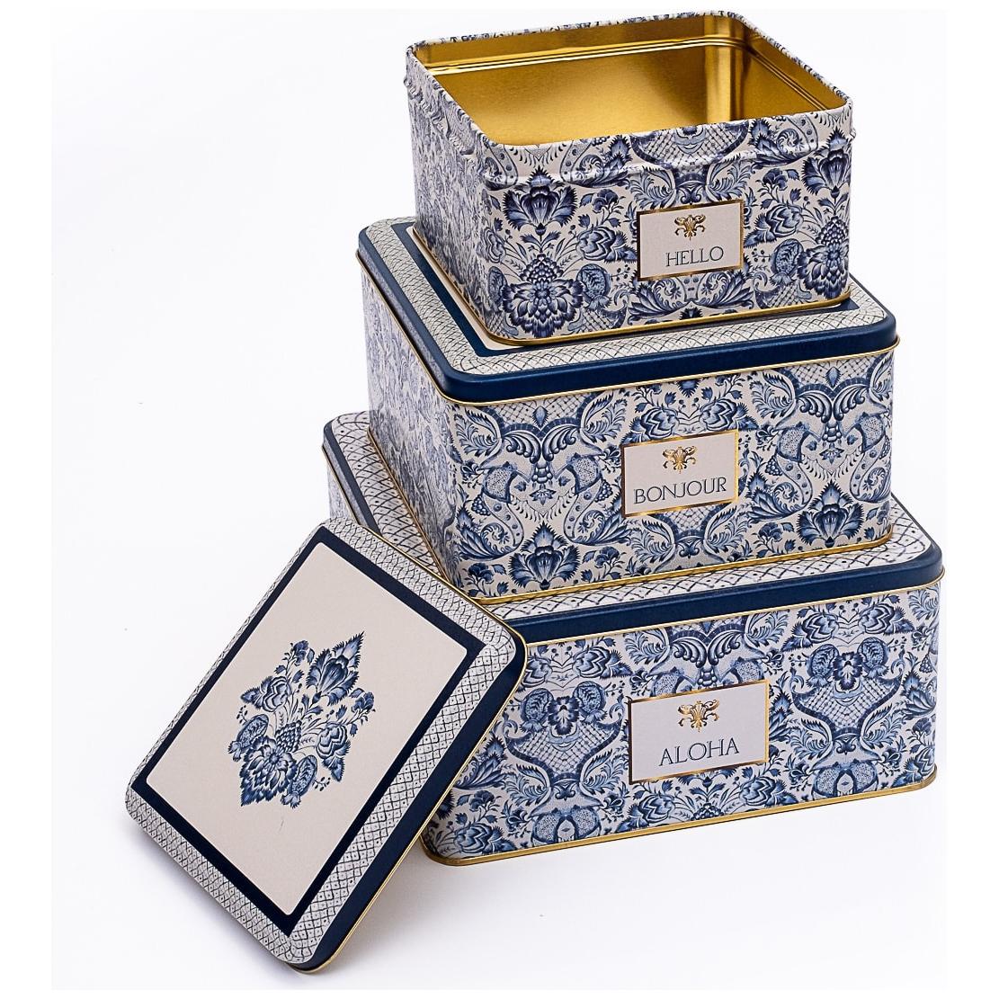 Square Metal Storage Box Set  235mm x 235mm x 110 mm  ( Set of 3 )  Azulejo-Inspired Blue &amp; White Decorative Pattern Azulejos Design