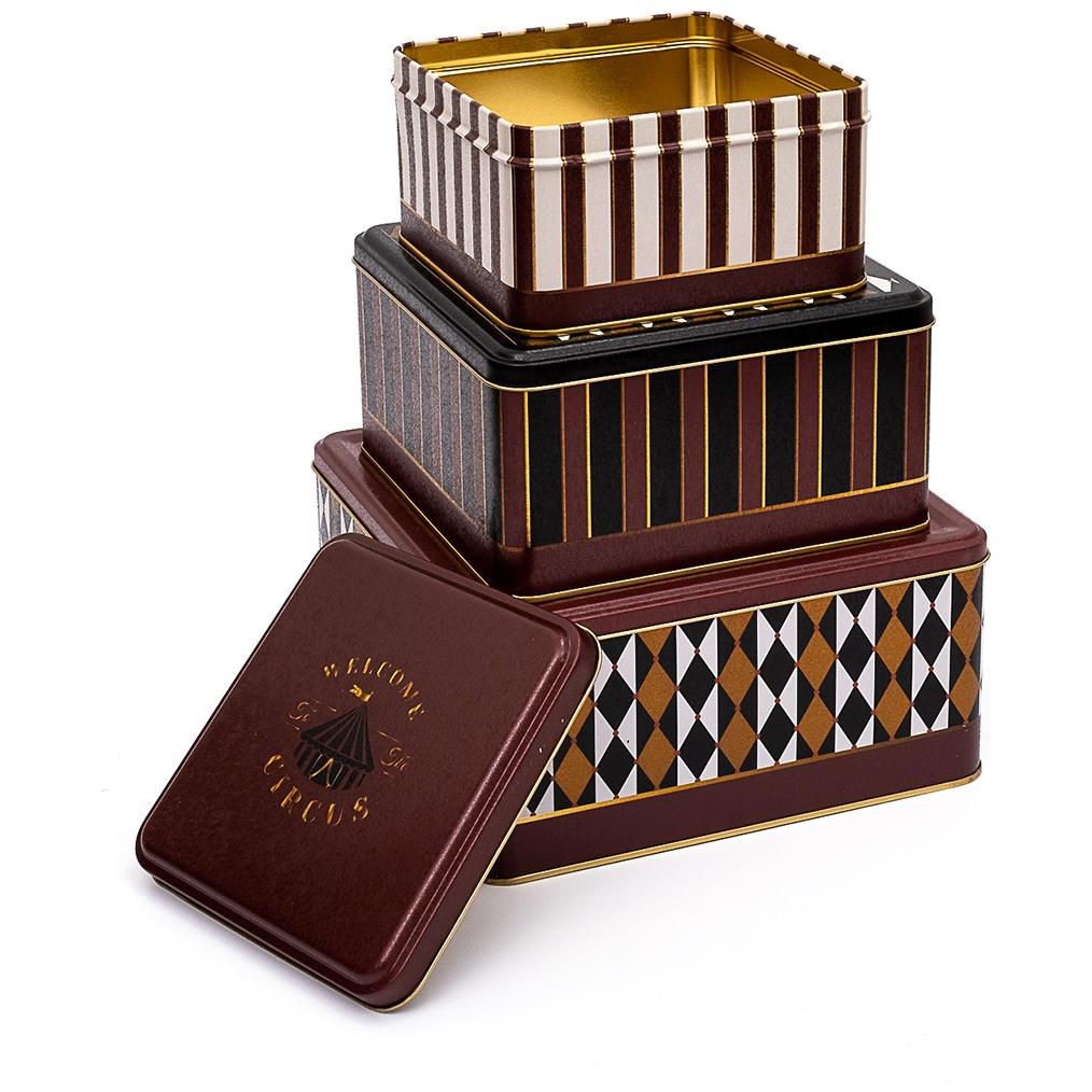 Square Metal Storage Box Set  235mm x 235mm x 110 mm  ( Set of 3 )  Vintage Circus Elegance Circus Design