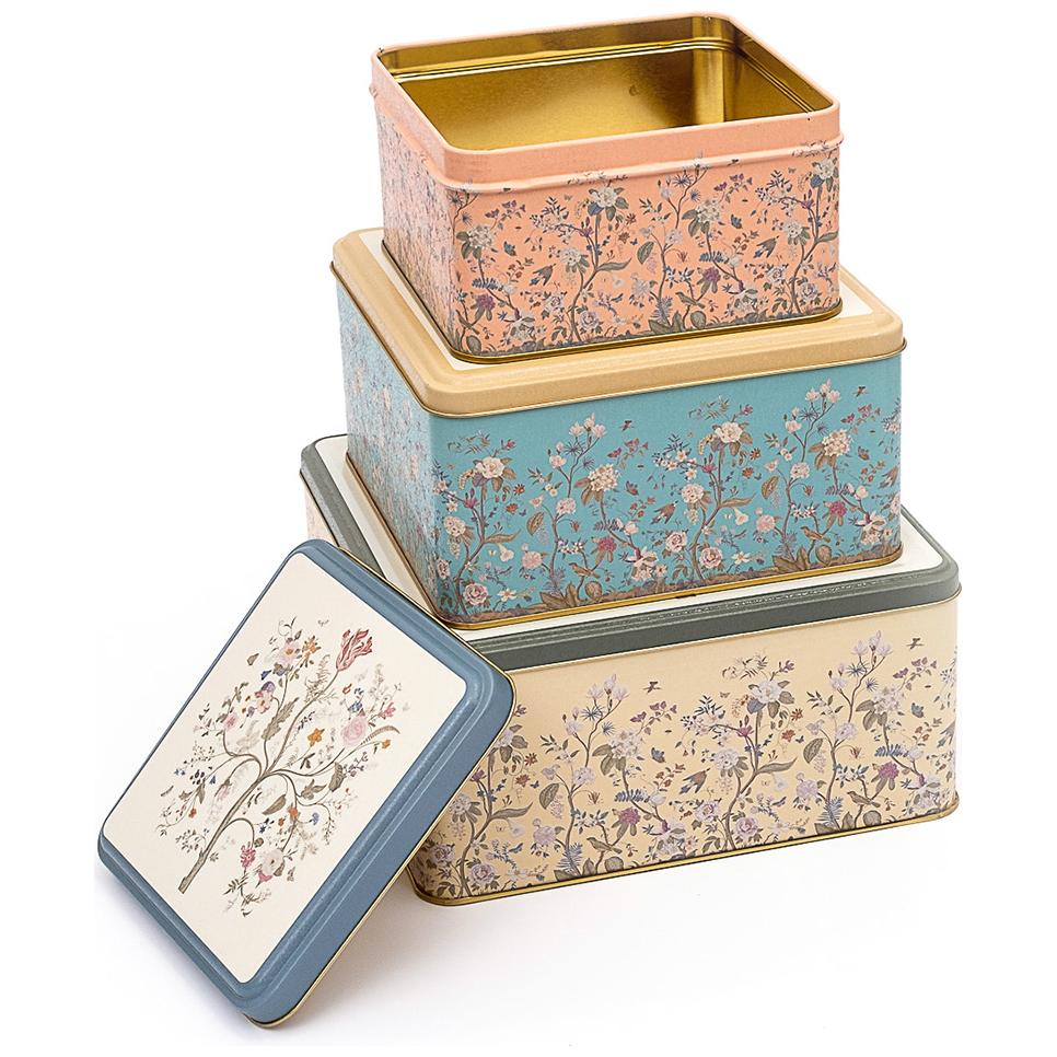 Square Metal Storage Box Set  235mm x 235mm x 110 mm  ( Set of 3 )  Floral Design Pastel Blue Botanica Design