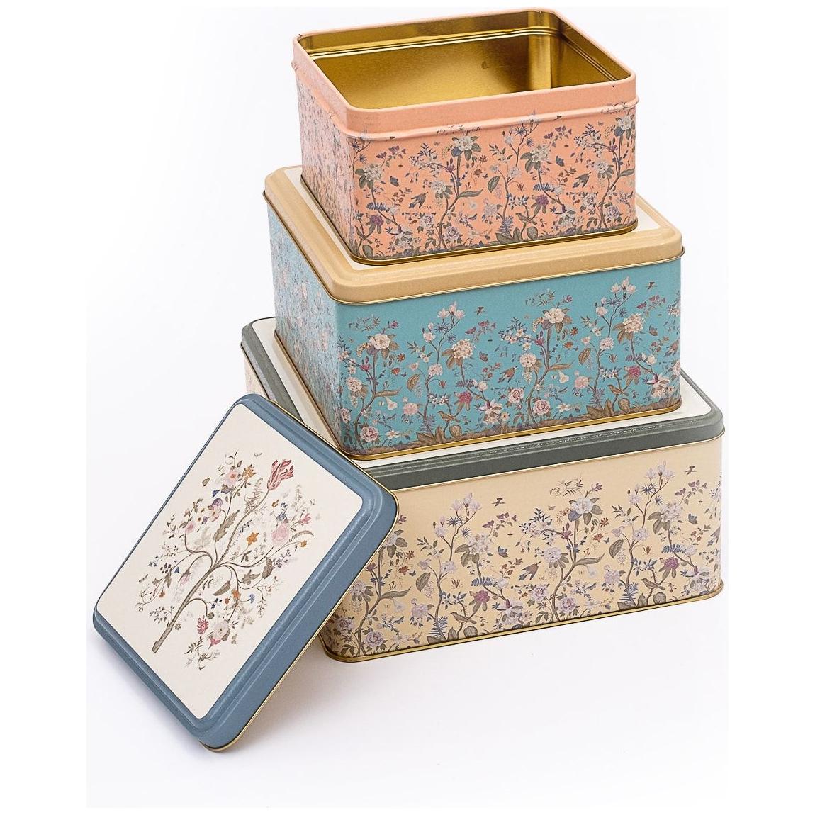 Square Metal Storage Box Set  235mm x 235mm x 110 mm  ( Set of 3 )  Floral Design Pastel Blue Botanica Design
