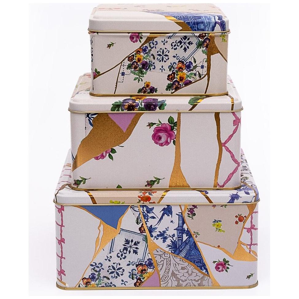 Square Metal Storage Box Set  235mm x 235mm x 110 mm  ( Set of 3 )  Kintsugi Gold vein Flower  Kint Sugi Design