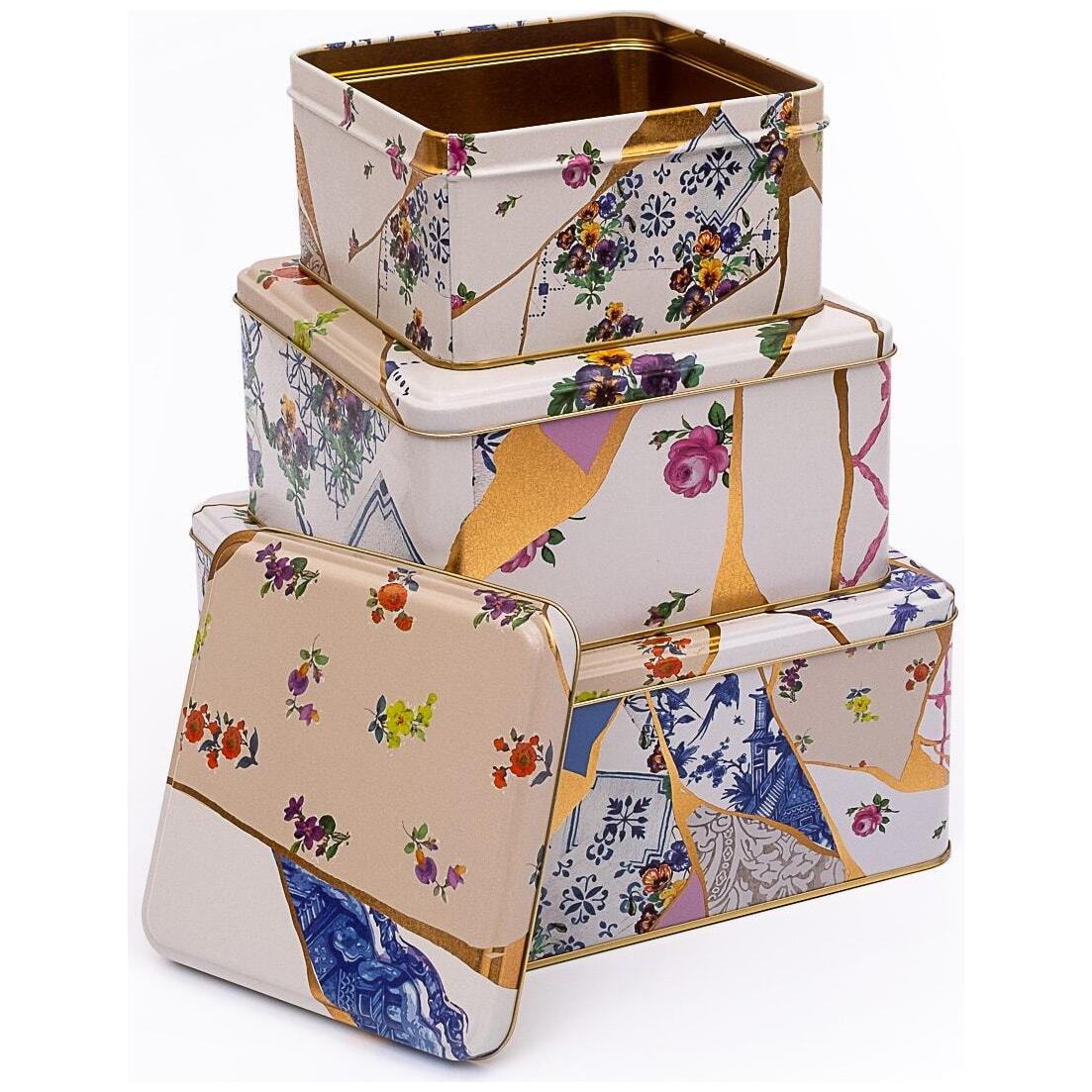 Square Metal Storage Box Set  235mm x 235mm x 110 mm  ( Set of 3 )  Kintsugi Gold vein Flower  Kint Sugi Design