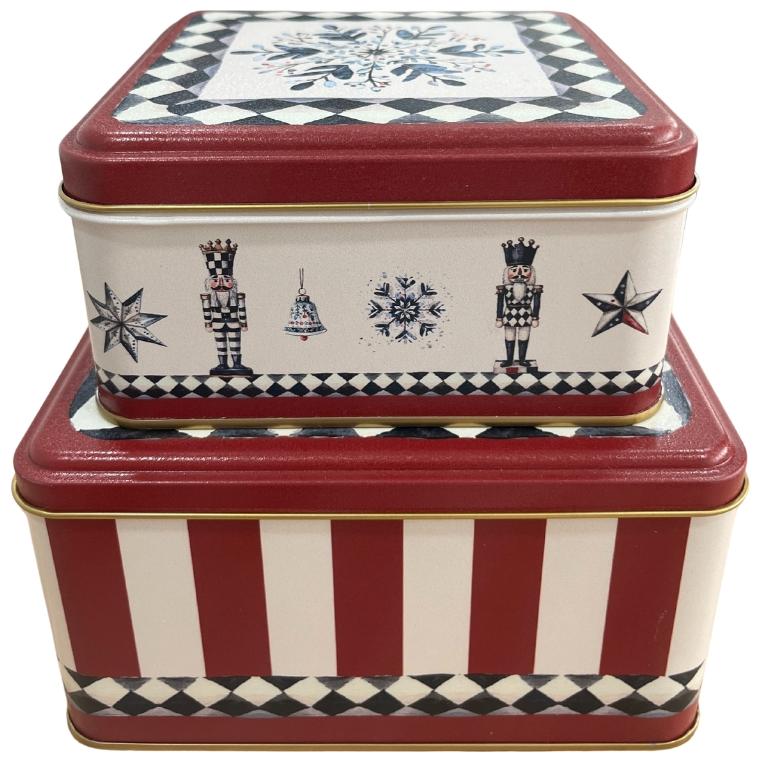 Square Metal Canister Set – 195x195x105 mm & 159x159x80 mm (Set of 2) Nutcracker, striped pattern, checkered border 2025 Design