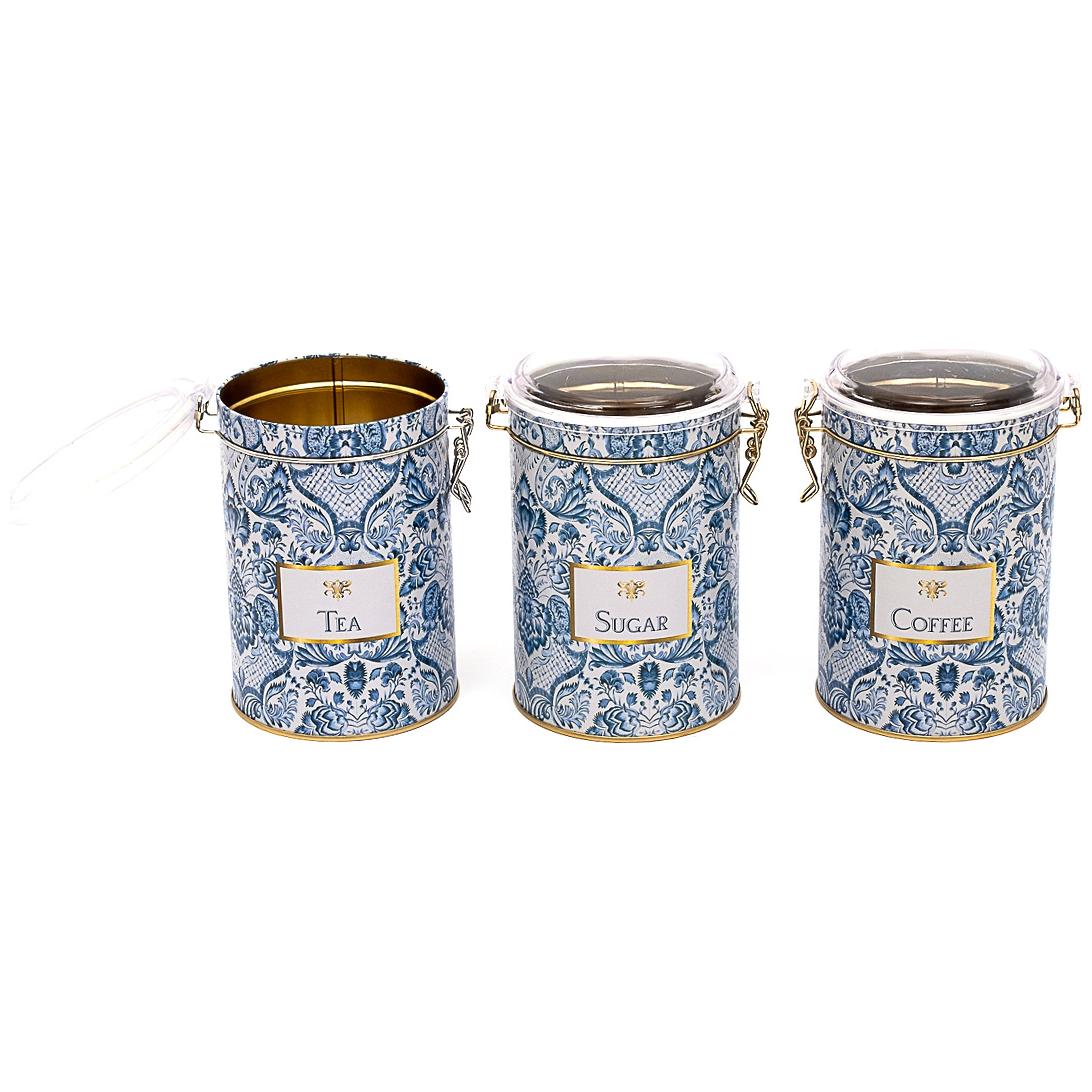  Round  Metal Box  Set ( Set of 3 )   Ø105x150 mm  1.1L Wire Clasp and Transparent Lid Azulejo-Inspired Blue &amp; White Decorative Pattern Azulejos Design