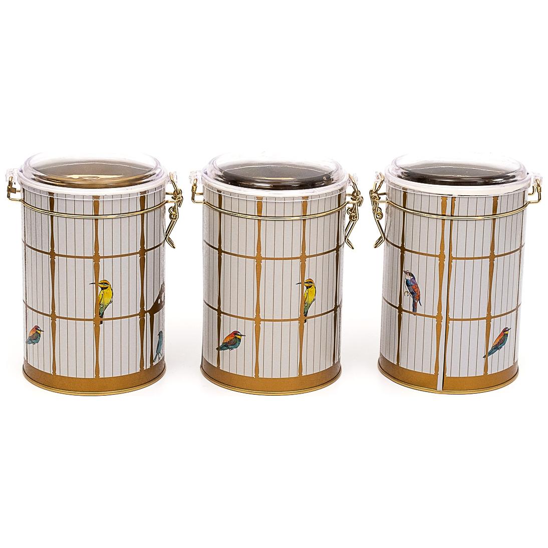  Round  Metal Box  Set ( Set of 3 )   Ø105x150 mm  1.1L Wire Clasp and Transparent Lid Vintage Birdcage Illustration with Colorful Birds Bird Cage Design