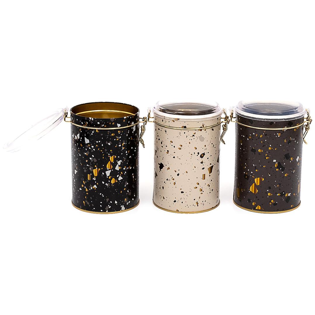  Round  Metal Box  Set ( Set of 3 )   Ø105x150 mm  1.1L Wire Clasp and Transparent Lid Terrazo Terrazo Design