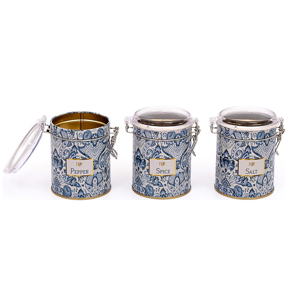  Round  Metal Box  Set ( Set of 3 )   Ø90x100 mm  Wire Clasp and Transparent Lid Azulejo-Inspired Blue &amp; White Decorative Pattern Azulejos Design