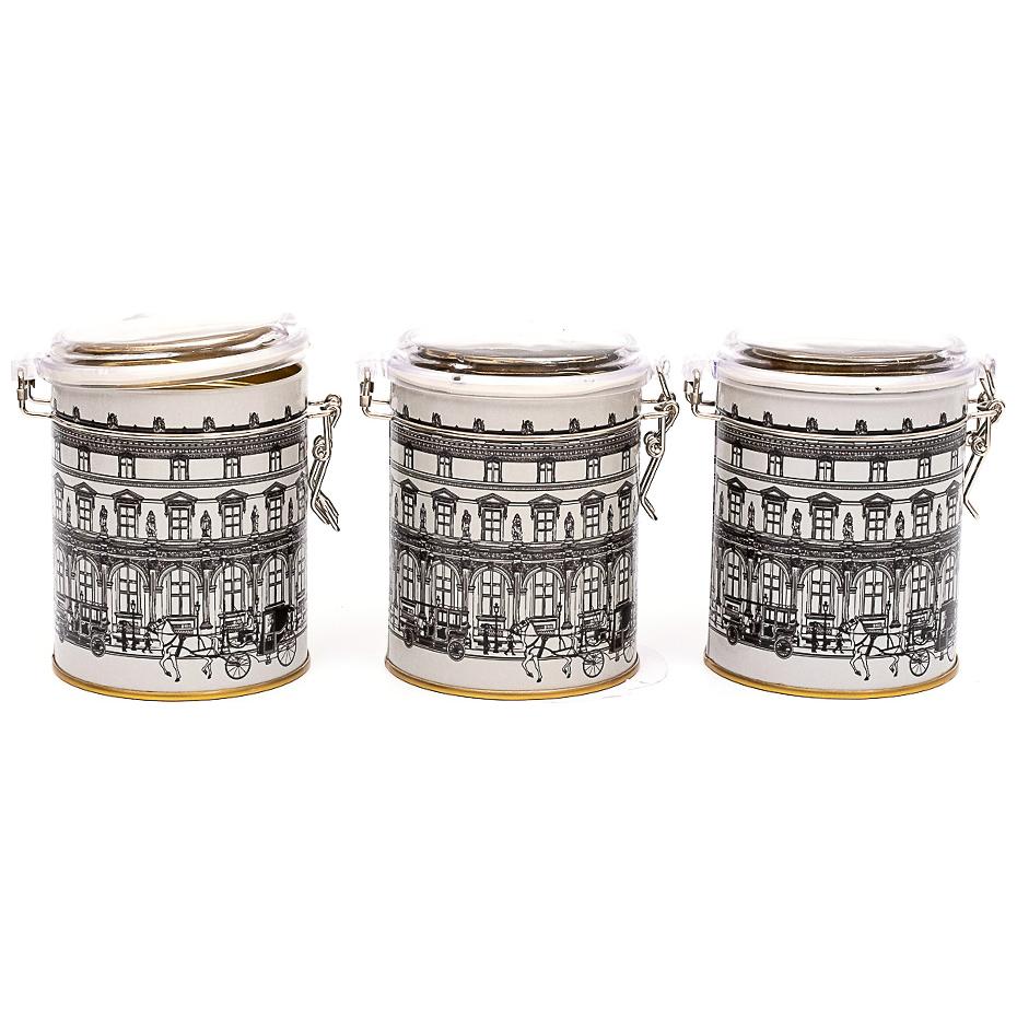  Round  Metal Box  Set ( Set of 3 )   Ø90x100 mm  Wire Clasp and Transparent Lid vintage cityscapes illustration City Design