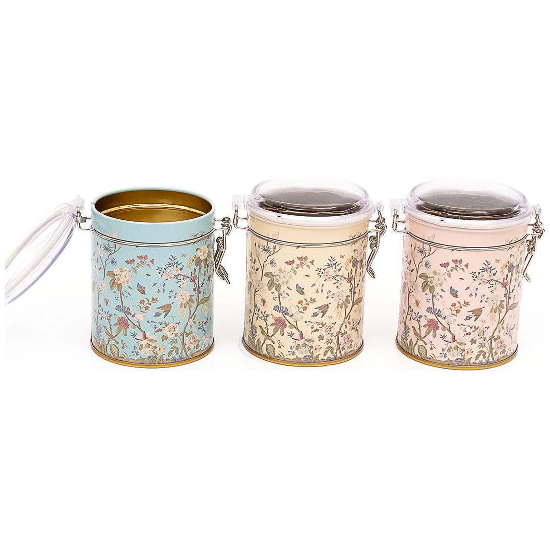  Round  Metal Box  Set ( Set of 3 )   Ø90x100 mm  Wire Clasp and Transparent Lid Floral Design Pastel Blue Botanica Design