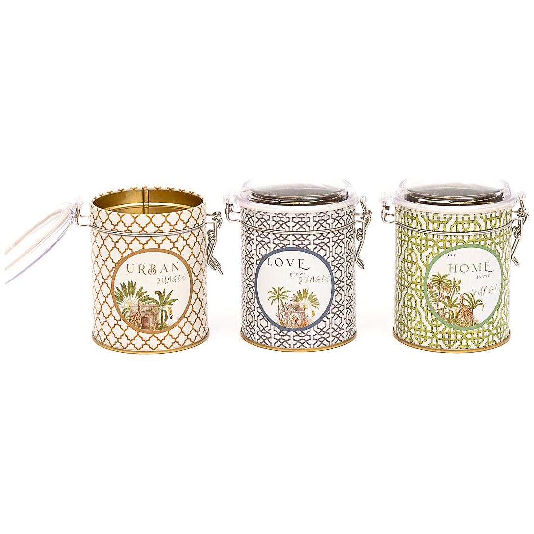  Round  Metal Box  Set ( Set of 3 )   Ø90x100 mm  Wire Clasp and Transparent Lid Tropical Jungle – A Lush Paradise of Nature &amp; Wildlife Forrest Design