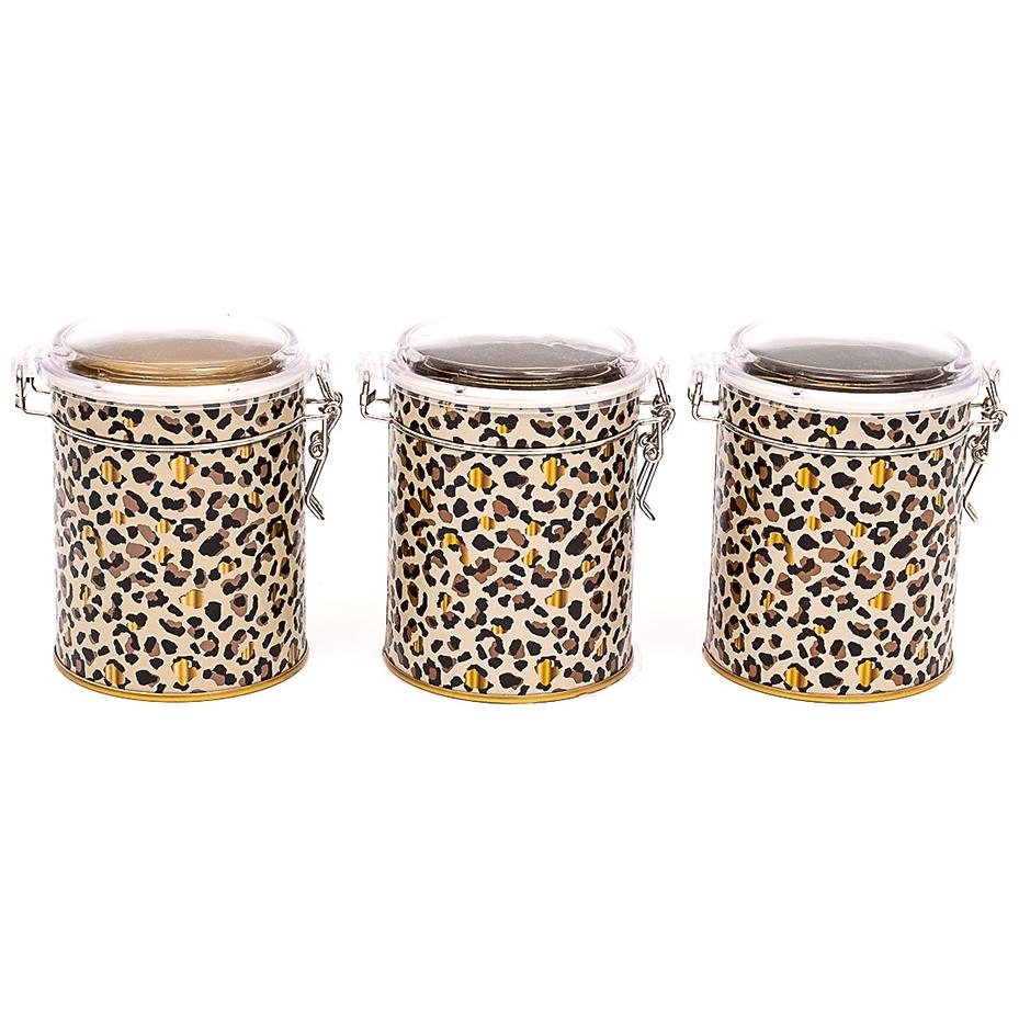  Round  Metal Box  Set ( Set of 3 )   Ø90x100 mm  Wire Clasp and Transparent Lid Gold Leopard Print Pattern Leo Design