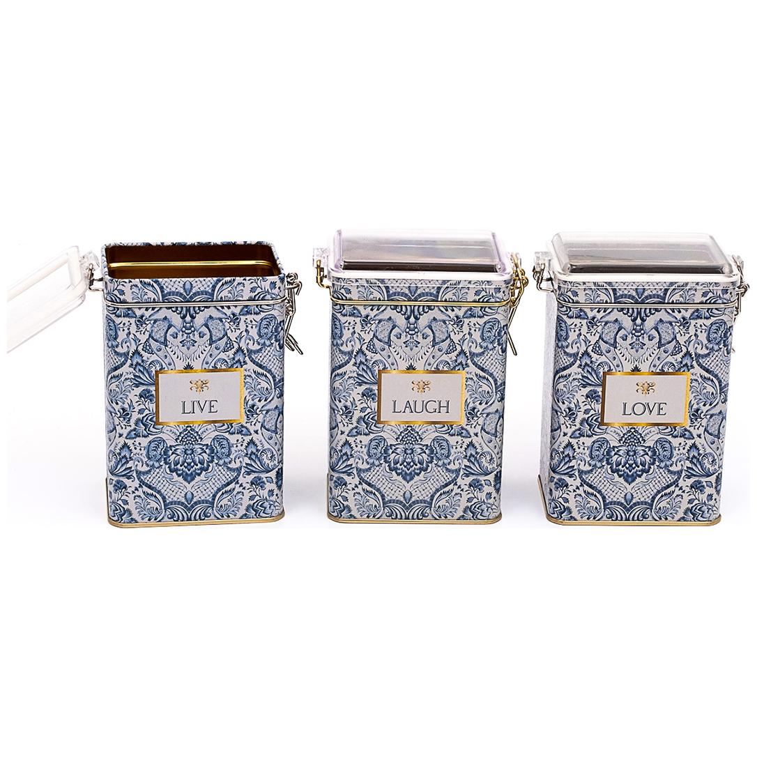 75x100x150 mm Rectangular Metal Box  set (Set of 3 ) Wire Clasp and Transparent Lid Azulejo-Inspired Blue &amp; White Decorative Pattern Azulejos Design