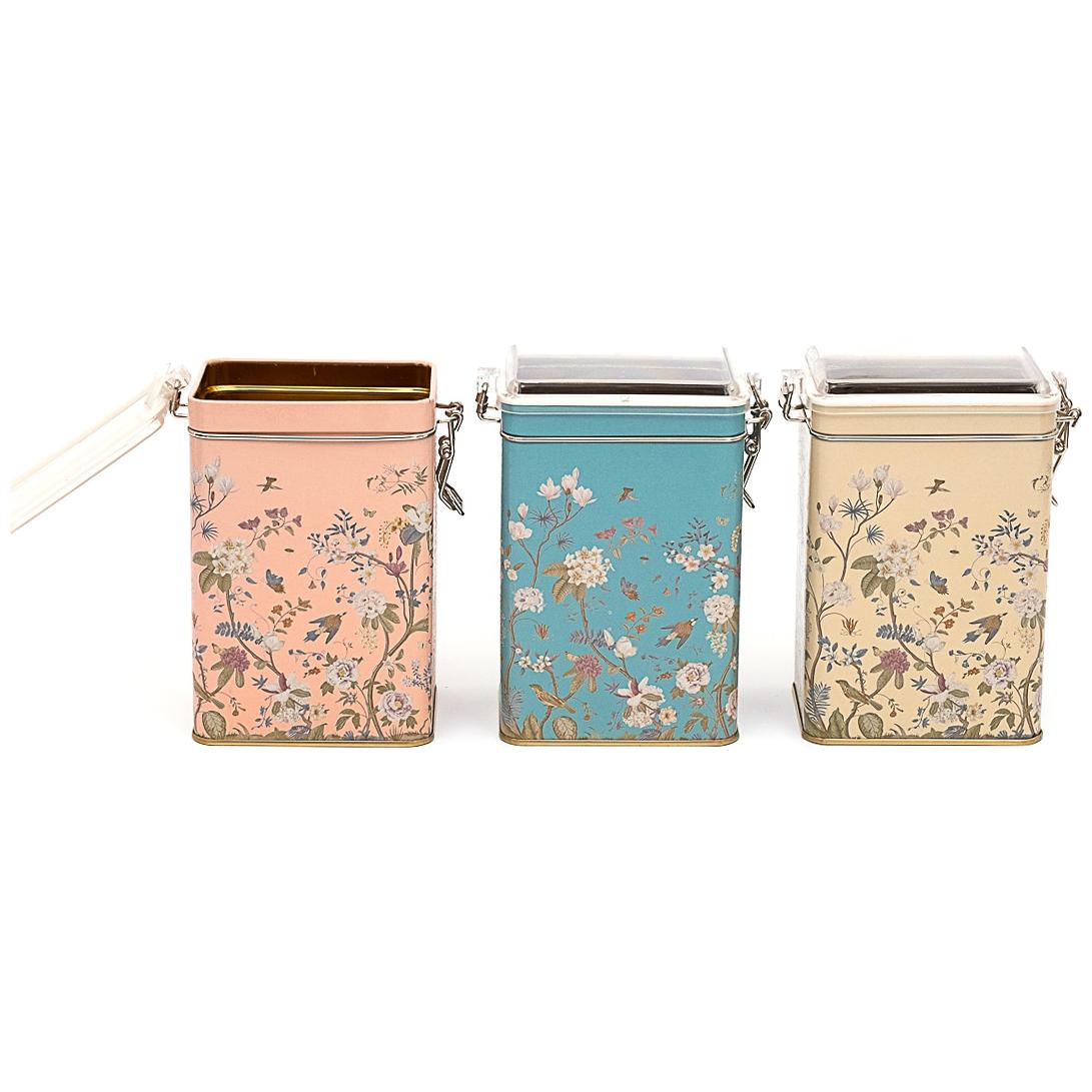 75x100x150 mm Rectangular Metal Box  set (Set of 3 ) Wire Clasp and Transparent Lid Floral Design Pastel Blue Botanica Design