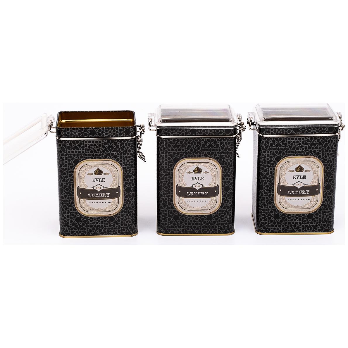 75x100x150 mm Rectangular Metal Box  set (Set of 3 ) Wire Clasp and Transparent Lid gold geometric pattern black background Trellis Design