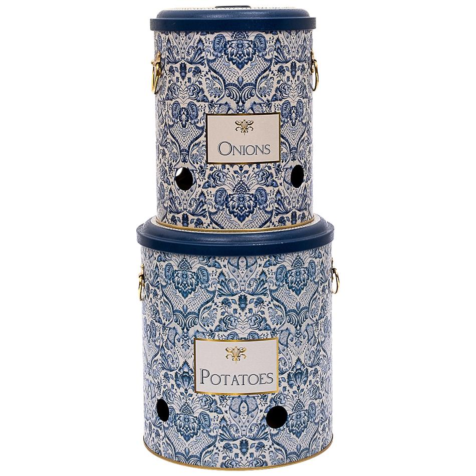 Metal Potato &amp; Onion Storage Bin Set Ø225x240 mm   ( 2 Pcs ) Azulejo-Inspired Blue &amp; White Decorative Pattern Azulejos Design