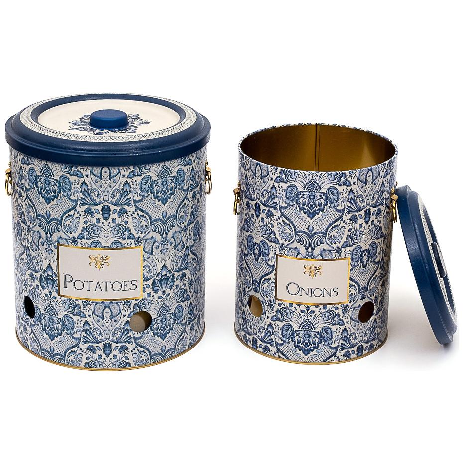 Metal Potato &amp; Onion Storage Bin Set Ø225x240 mm   ( 2 Pcs ) Azulejo-Inspired Blue &amp; White Decorative Pattern Azulejos Design