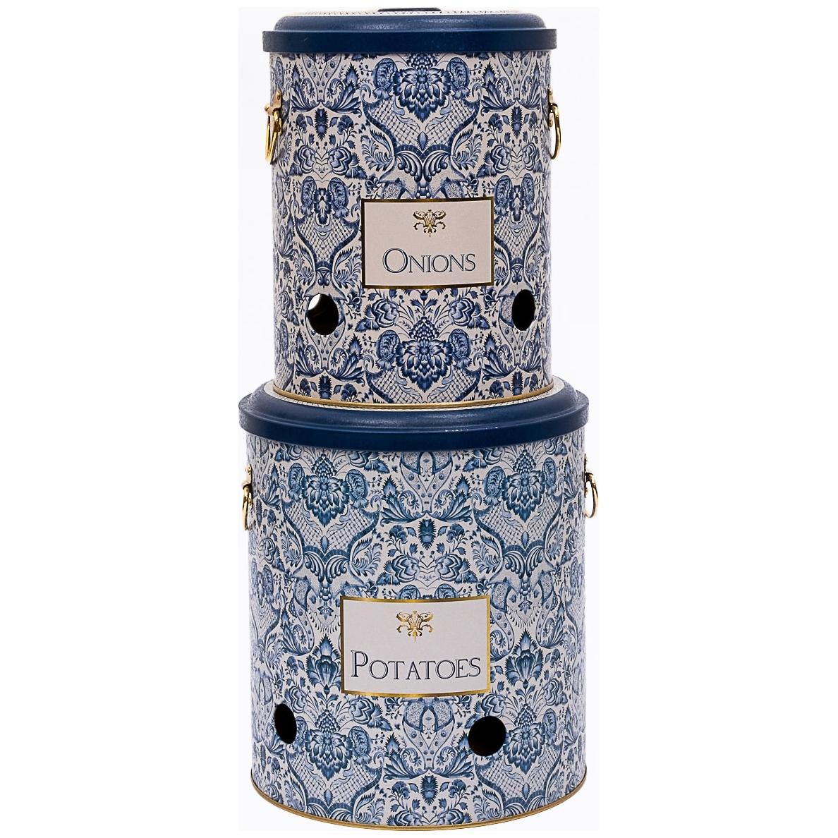Metal Potato &amp; Onion Storage Bin Set Ø225x240 mm   ( 2 Pcs ) Azulejo-Inspired Blue &amp; White Decorative Pattern Azulejos Design