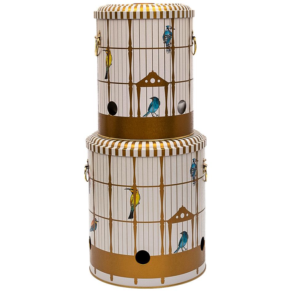 Metal Potato &amp; Onion Storage Bin Set Ø225x240 mm   ( 2 Pcs ) Vintage Birdcage Illustration with Colorful Birds Bird Cage Design