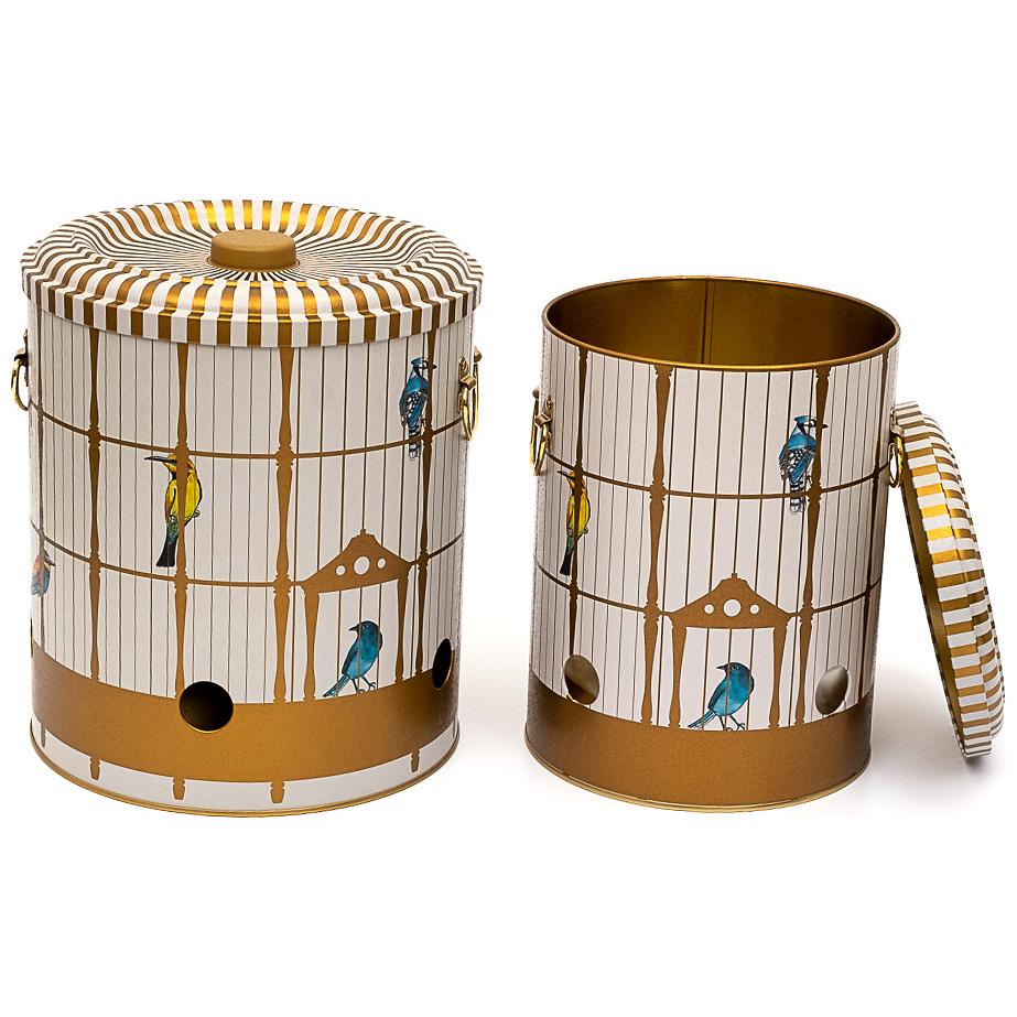 Metal Potato &amp; Onion Storage Bin Set Ø225x240 mm   ( 2 Pcs ) Vintage Birdcage Illustration with Colorful Birds Bird Cage Design