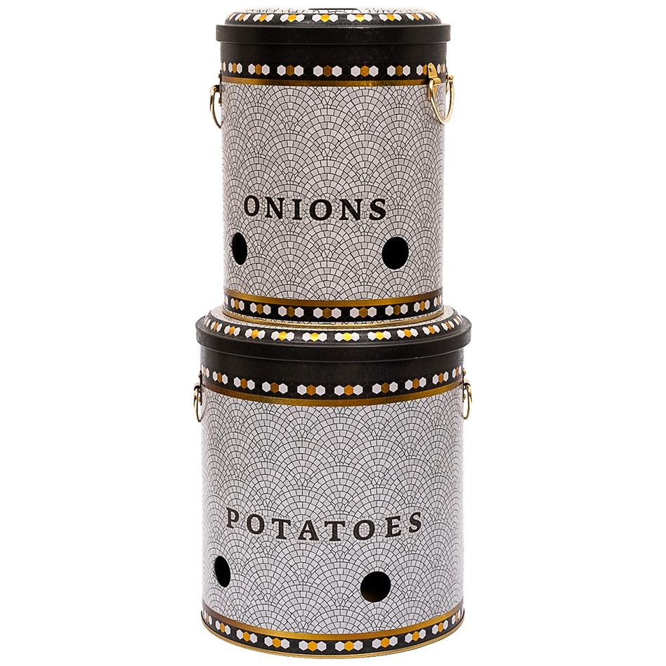 Metal Potato &amp; Onion Storage Bin Set Ø225x240 mm   ( 2 Pcs ) Geometric Mosaic Pattern Mosaic Design