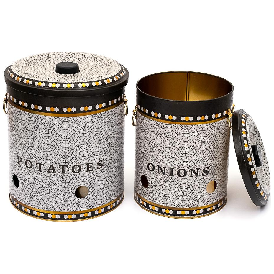 Metal Potato &amp; Onion Storage Bin Set Ø225x240 mm   ( 2 Pcs ) Geometric Mosaic Pattern Mosaic Design