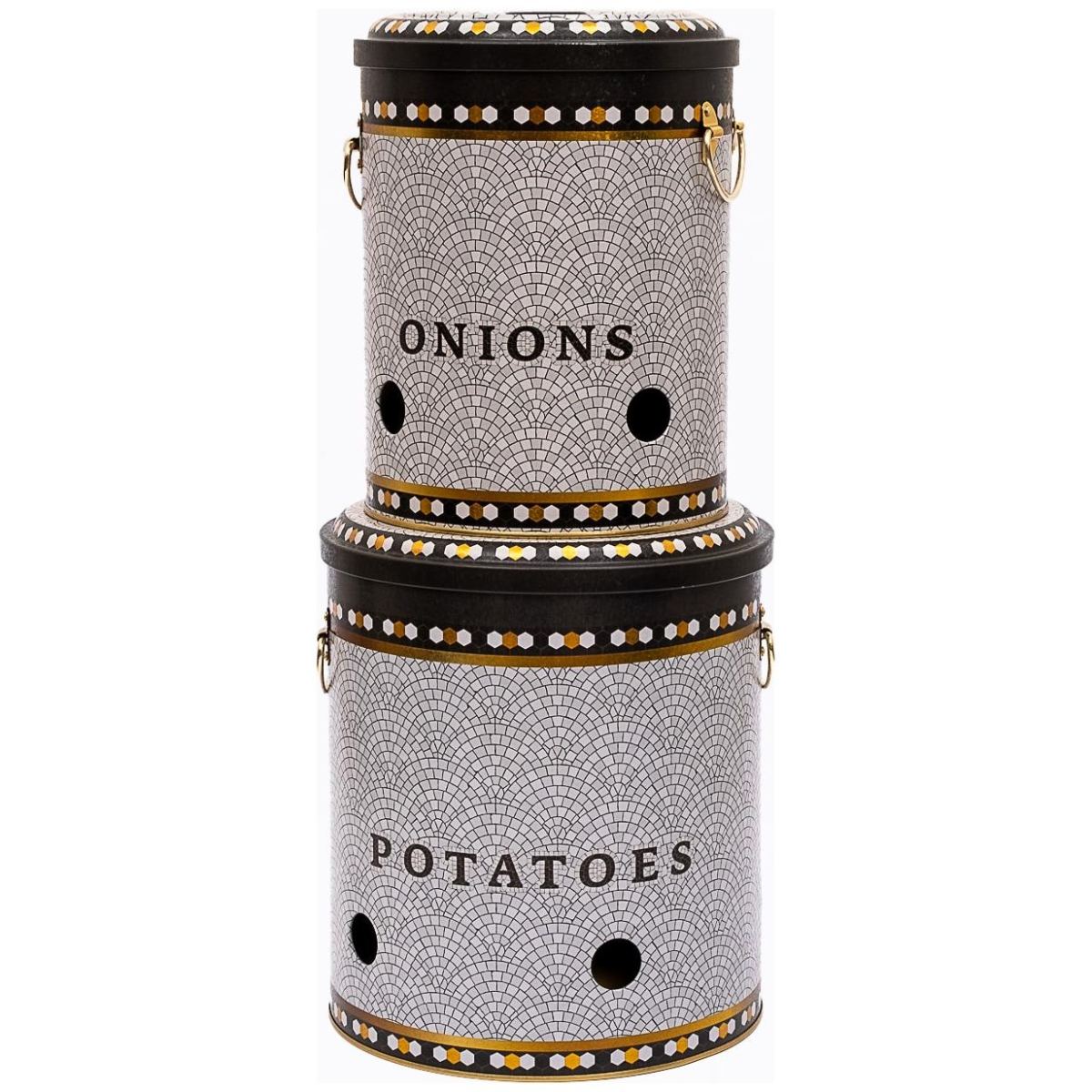 Metal Potato &amp; Onion Storage Bin Set Ø225x240 mm   ( 2 Pcs ) Geometric Mosaic Pattern Mosaic Design