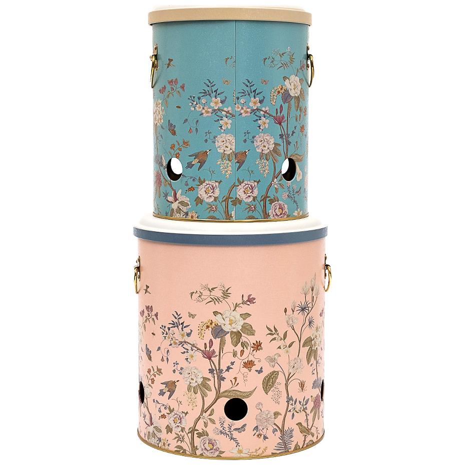 Metal Potato &amp; Onion Storage Bin Set Ø225x240 mm   ( 2 Pcs ) Floral Design Pastel Blue Botanica Design